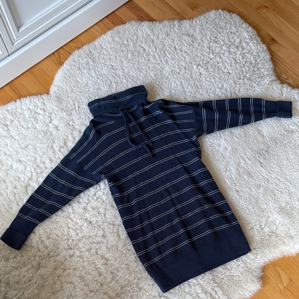 Prana Navy and Gray Striped Turtleneck Sweater